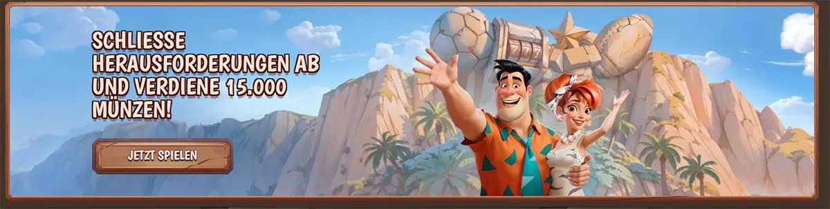 Stone Vegas Casino promotional banner in German featuring cartoon characters encouraging players to complete challenges and earn 15,000 coins with a “Play Now” button