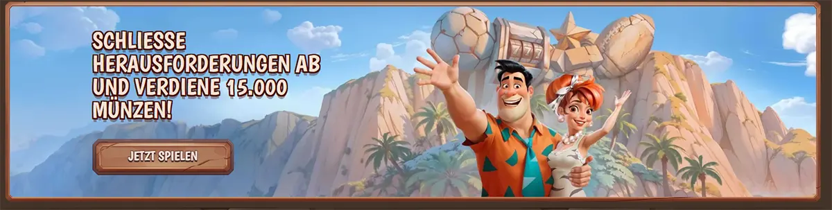 Stone Vegas Casino promotional banner in German featuring cartoon characters encouraging players to complete challenges and earn 15,000 coins with a “Play Now” button